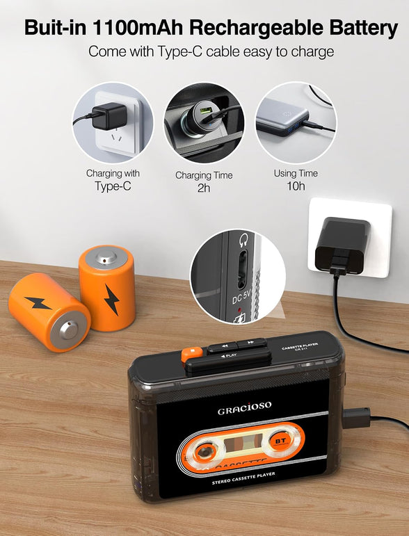 Gracioso Bluetooth Cassette Tape Player Connect Bluetooth Headphone 1100Mah Rechargeable Battery up to 10H Playtime-With Earphone-Back Clip for Secured Carry - Cassette Player for Home,Park
