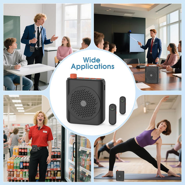 Dual Wireless Microphone Voice Amplifier for Teachers with Magnetic Charging, 15W 15-Hour Portable Speaker - Mini PA System for Classroom, Training, Tour Guides, Yoga, Outdoor (Black)