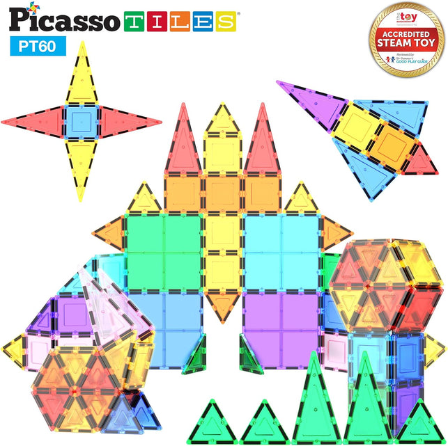 Picassotiles 60 Piece Set 60Pcs Magnet Building Tiles Clear Magnetic 3D Building Blocks Construction Playboards - Creativity beyond Imagination, Inspirational, Recreational, Educational, Conventional