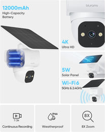Blurams Solar Security Camera Outdoor Wireless 4K, Outdoor Camera W/5W Solar Panel, 12000Mah Battery, AOV 24/7 Recording, 2.4/5Ghz Wifi 6, AI Detection & Color Night Vision