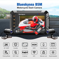 Motorcycle Dash Cam Camera, Blueskysea B5M 2K 30Fps Dual Wide Angle 150° Lens Sportbike Recording DVR with 3'' IPS Screen Rugged 32GB Card Loop Recording GPS Mode