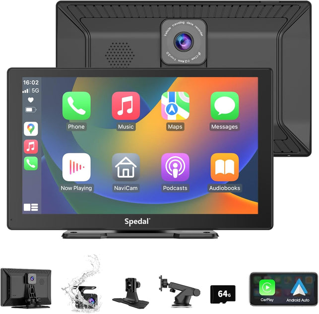 Spedal CL811 Car Play Screen with 2K Dash Cam, 1080P Backup Camera, 9" Wireless Apple Carplay ＆ Android Auto Portable Car Stereo, GPS Navigation, Car Audio Receivers with Bluetooth,Mirror Link, AUX/FM