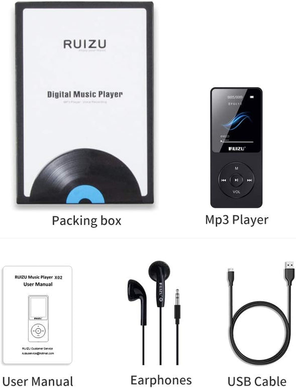 RUIZU 64GB MP3 Player with Bluetooth 5.3, Portable Music Player for Kids Sports Running, FM Radio, Voice Recorder, Equalizer, 80H Digital Audio Video Shuffle Resume Playback, up to 128GB Micro SD Card