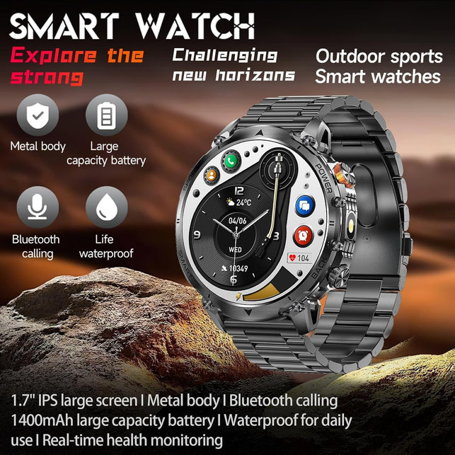 Bostbo Smart Watch, 1.7" IPS Screen, Battery 1400Mah,Answer/Make Calls 100+ Sport Modes,Military Smart Watches for Men,Ip68 Waterproof,Compass with Flashlight,Compatible with Ios & Android