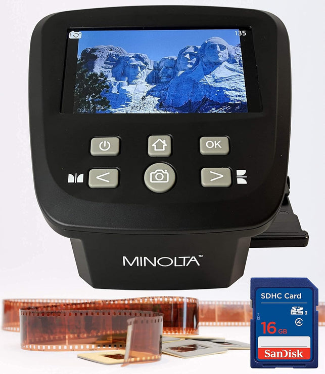 MINOLTA Film & Slide Scanner, Large 5" Screen, Convert Color & B&W 35Mm, 126, 110 Negative & Slides, Super 8 Films to High Res 22MP JPEG Digital Photos, 16GB SD Card, Worldwide AC Adapter (Black)