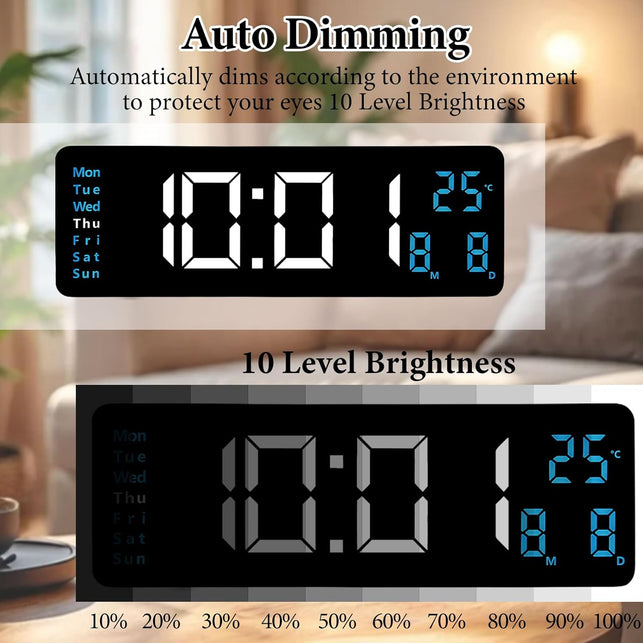 Oolong 16 Inch Large Digital Wall Clock,Led Display with Remote,8 RGB Ambient Light,10-Level Auto & Manual Dimmer,Countdown Timer,Temperature Date,12/24H for Living Room Bedroom Kitchen Seniors Kids