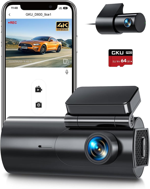 GKU 4K Wifi Dash Cam, Dual Front & Rear 2.5K+1080P, Hidden Car Camera with Night Vision, 64GB Sdcard Included, Loop Recording, G-Sensor, WDR, Parking Monitor, Supports up to 128GB