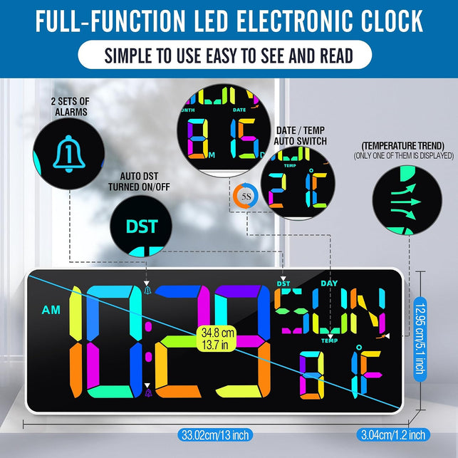 13.7" RGB LED Digital Wall Clock with Remote, Powered by AAA LR03 Batteries, Adjustable Brightness Timer for Home Office