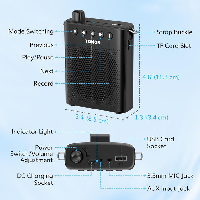 TONOR Voice Amplifier for Teachers, 15W Bluetooth Voice Amplifier with Wireless Headset Mic, Portable Megaphone Speaker Rechargeable PA System 82Ft for Teaching, Speaking, Fitness Instructors K11