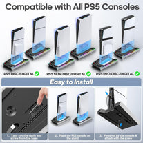 Ps5/Slim/Pro Cooling Station with Auto Turbofan & 3-Level Speed, PS5 Vertical Stand Cooling Fan Station with Controller Charger, Accessories Base Cooler Docking Station for Sony Playstation 4 Charger