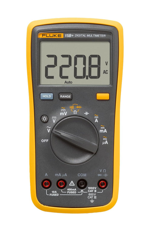 Fluke 15B+ Digital Multimeter, for Electrical Applications, Measures AC/DC Voltage and Current Measurements up to 1000V and 10A, along with Resistance, Continuity, Diode, and Capacitance Capabilities