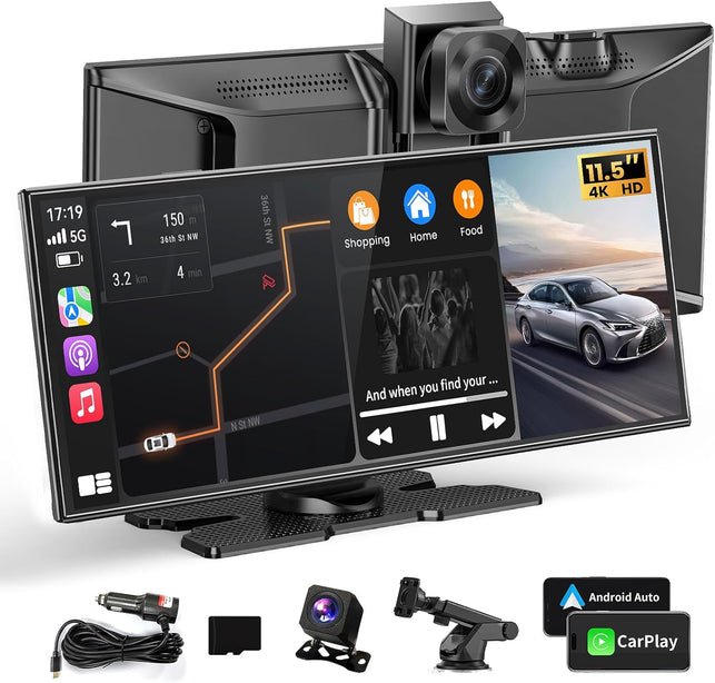 Largest 11.5" Portable Apple Carplay Screen for Car, 4K Wireless Car Play & Android Auto, Upgrade Touchscreen with Dash Cam,App Control/Loop Recording/Backup Camera/Mirror Link/Gps/Fm for All Vehicles