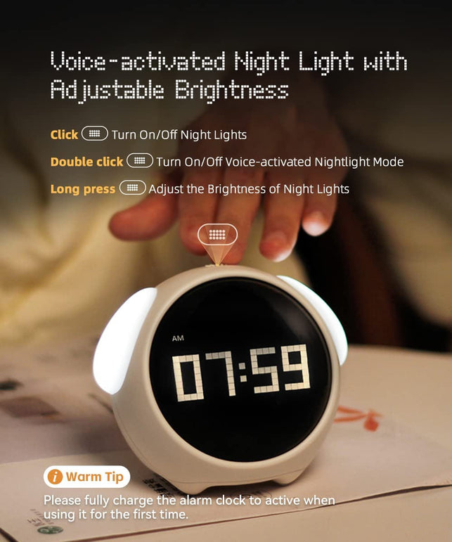 Mikodream Kids Alarm Clock, Dual Alarm Setting, Adjustable Brightness Night Light, Voice-Activated,Temperature Detection, Wake-Up Alarm Clock, Toy and Gift for Toddler, Children, Students, Boys&Girls