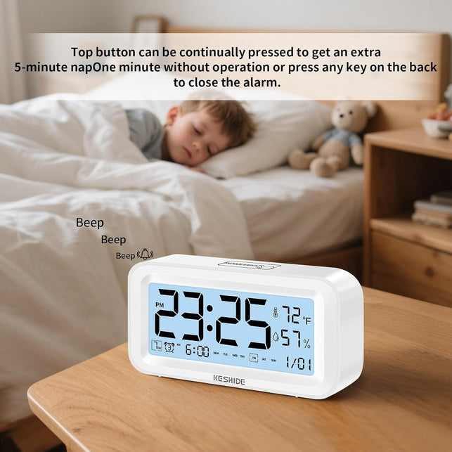 Night Light Digital Alarm Clock Battery Operated with Indoor Temperature Humidity, Desk Small Clock,Snooze Model,12/24H Display for Bedrooms Heavy Sleepers Kids Travel Bathroom (White)