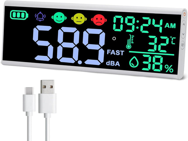 13 Inch Decibel Meter - Wall Hanging Sound Level Meter with Large LED Display, Noise, Temperature, Humidity, Time Monitor for Classroom