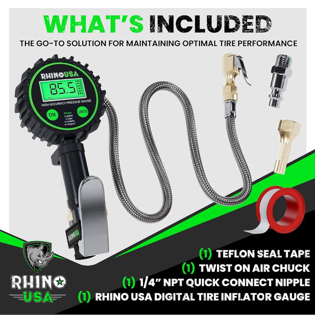 Rhino USA Digital Tire Inflator with Pressure Gauge (0-200 PSI) - ANSI B40.7 Accurate, Large 2" Easy Read Glow Dial, Premium Braided Hose, Solid Brass Hardware, Best for Any Car, Truck, Motorcycle, RV