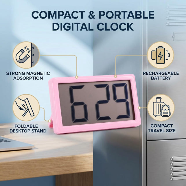 SENECESLI Small Magnetic Digital Clock, 3.3In Screen Travel Clock for Car, Compact Battery Operated for Bedroom, 12 Hour Display with Stand for Classroom (Pink)