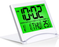 Betus Digital Travel Alarm Clock with Backlight - Foldable Calendar & Temperature & Timer LCD Clock with Snooze Mode - Large Number Display, Battery Operated - Compact Desk Clock for All Ages (Silver)