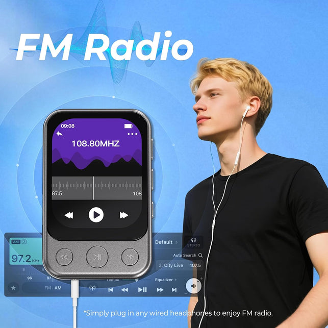 32GB Clip MP3 Player with Bluetooth 5.3, Speaker & 2″ HD Touchscreen