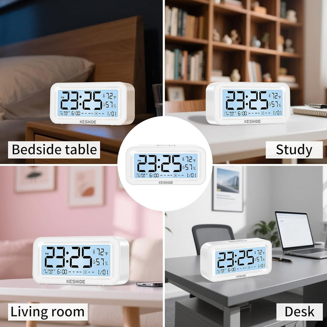 Night Light Digital Alarm Clock Battery Operated with Indoor Temperature Humidity, Desk Small Clock,Snooze Model,12/24H Display for Bedrooms Heavy Sleepers Kids Travel Bathroom (White)