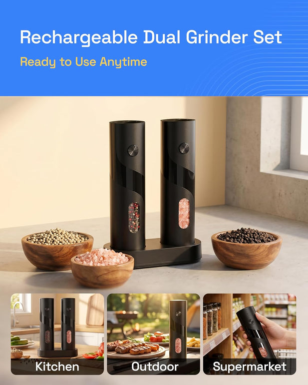 HBN Electric Pepper Grinder, Rechargeable Salt and Pepper Mill Set with Charging Base, One-Handed Automatic Operation, Adjustable Coarseness, LED Light, Stainless Steel Body for Kitchen Cooking Dining
