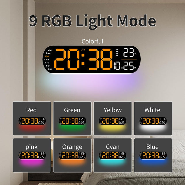 Digital Wall Clock, 14'' LED Digital Wall Clock with 9 Color Ambient Light