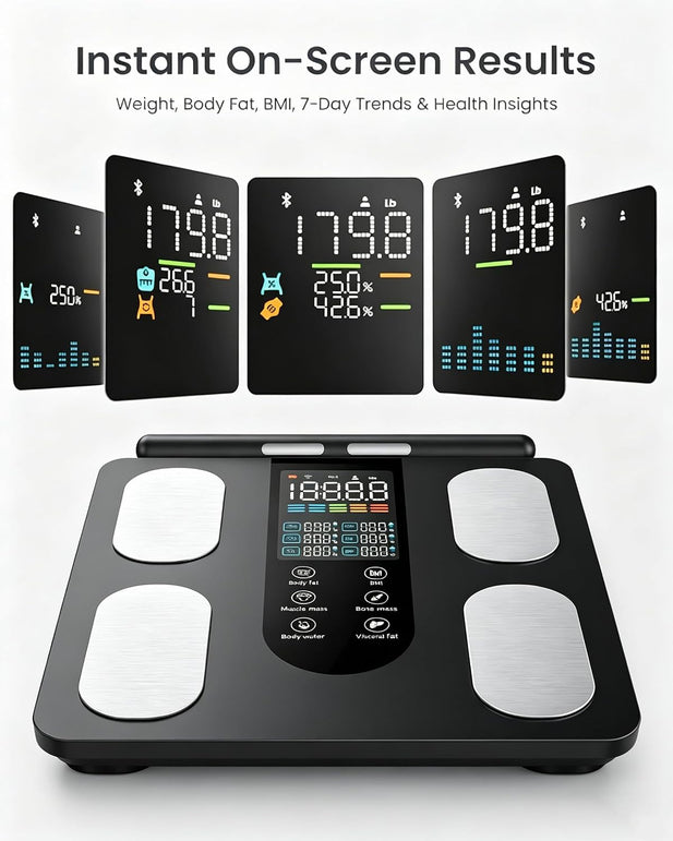Smart Scale for Body Weight: 8-Electrode Digital Bathroom Scale for Weight Fat BMI Muscle Mass Full Body Composition Analyzer 50 Measurements Bluetooth Highly Accurate Weighing Machine 400Lb Black