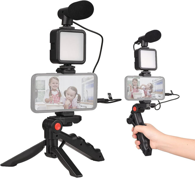 Andoer Smartphone Vlog Kit Mini LED Video Light + Cardioid Microphone + Extendable Phone Clip + Tripod with Adjustable Brightness for Live Stream Vlog Video Shooting Video Conference Selfie