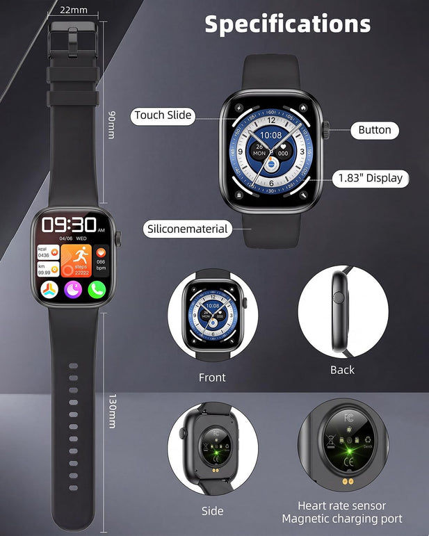 Smart Watch for Women Men, 1.83" HD Touchscreen, Fitness and Sleep Trackers, Heart Rate Monitor, Bluetooth Calling Smartwatch for Android/Ios, IP67 Water Resistant Multi-Sport Modes Pedometer, Black