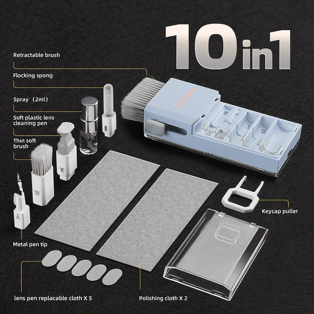 10-In-1 Laptop Keyboard Cleaner Cleaning Kit, Electronics Screen Cleaner Repair Tool with 3 in 1 Earbud Cleaner Pen, Camera Lens Pen, Suit for Macbook Ipad, Iphone, Cell Phone, PC Monitor with Patent