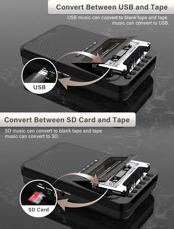 Gracioso Cassette Player Converter, Portable Cassette to MP3 Music via U Disk/Sd Card or PC, Record to Cassettes/Usb/Sd Card via Mic,Cassette Tape Player with Headphone Jack,Retractable Handle