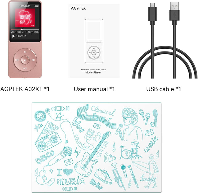 AGPTEK A02 32GB MP3 Player with Bluetooth 5.3, 1.8 Inch Screen Portable Music Player with Speaker, FM Radio, Voice Recorder, Supports Expanded up to 128GB (Rose Gold, 32GB)