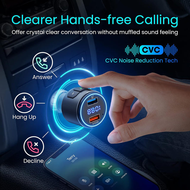 Octeso Upgraded V5.0 FM Bluetooth Transmitter Car, QC3.0 & LED Backlit Wireless Bluetooth FM Radio Adapter Music Player/Car Kit with Hands-Free Calls, Siri Google Assistant