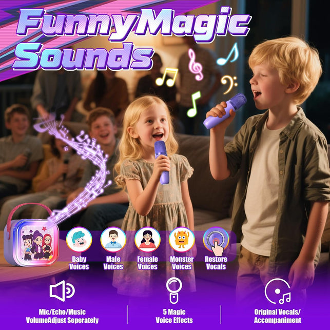 Mini Karaoke Machine for Kids Ages 3-12: Portable Bluetooth Speaker with 2 Wireless Microphone, LED Light Show for Kids 3 4 5 6 7 8 9 10 Year Old Girls Toys Birthday Gifts Toddler