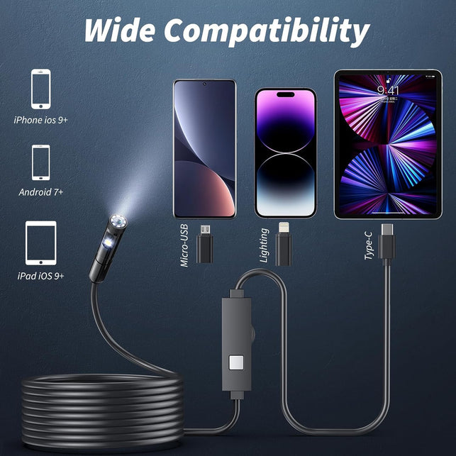Endoscope Camera with Light,1920P HD Borescope Tools with 8 Adjustable LED Lights, Endoscope with Semi-Rigid Snake Camera, IP67 Waterproof Inspection Borescope for Ios and Android-16.4Ft Dual-Lens
