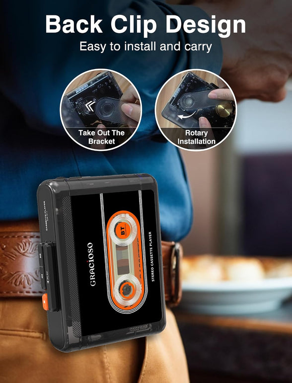 Gracioso Bluetooth Cassette Tape Player Connect Bluetooth Headphone 1100Mah Rechargeable Battery up to 10H Playtime-With Earphone-Back Clip for Secured Carry - Cassette Player for Home,Park