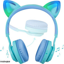 Riwbox Kids Headphones, CT-7S Cat Ear Bluetooth Headphones 85Db Volume Limiting,Led Light up Kids Wireless Headphones over Ear with Microphone for Laptop/Pc/Tv(Blue&Green)