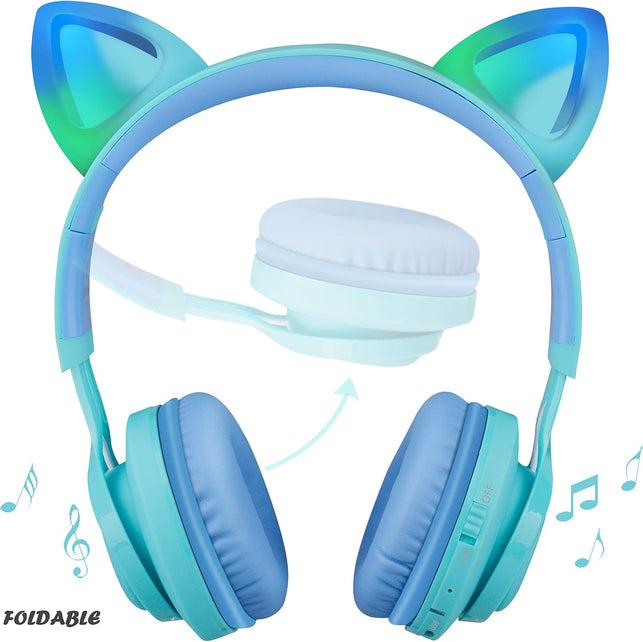 Riwbox Kids Headphones, CT-7S Cat Ear Bluetooth Headphones 85Db Volume Limiting,Led Light up Kids Wireless Headphones over Ear with Microphone for Laptop/Pc/Tv(Blue&Green)