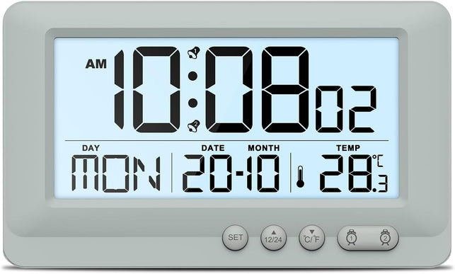 Travel Alarm Clock Battery Operated Digital Alarm Clock for Bedrooms with 2 Alarms, Calender 12/24H 5-Minute Snooze 5-Second Backlight Low Battery Alert -Grey