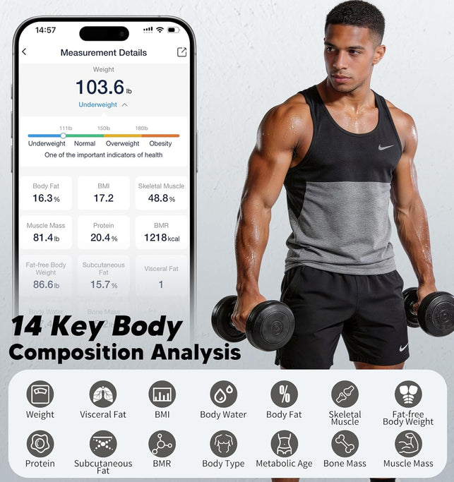 GE Smart Body Weight Scale, with 8-In-1 Display for BMI Body Fat Muscle Mass, Digital Bathroom Bluetooth Scale, 14 Composition Analyzer for Health Monitoring, 11.8", Accurate 400Lb Weighing, White