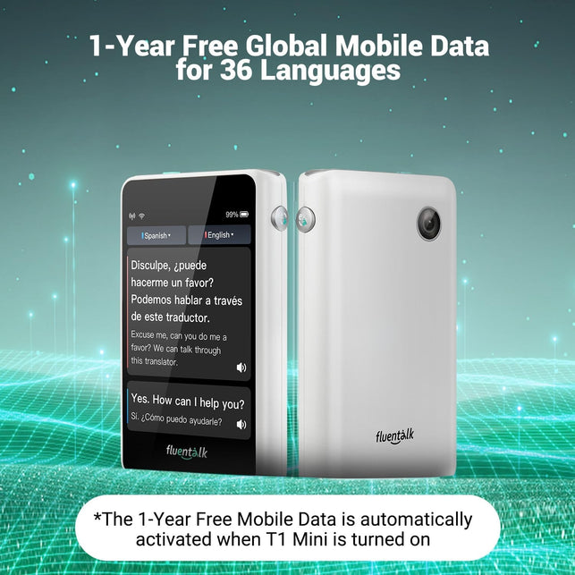 Fluentalk by Timekettle, T1 Mini Translator Device No Wifi Needed, Built in 1-Year Global Mobile Data, Supports 36 Languages and Photo Translation, Instant Language Translator for Travelling White