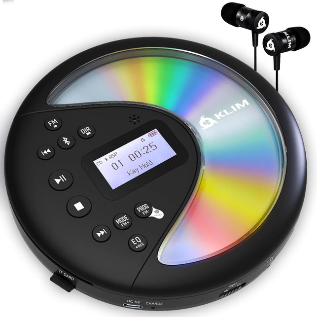 KLIM Discover - Portable CD Player with Long-Lasting Battery - New - with Headphones - Radio FM - Compatible MP3 CD Player Portable - SD Card, FM Transmitter, Bluetooth - Ideal for Cars