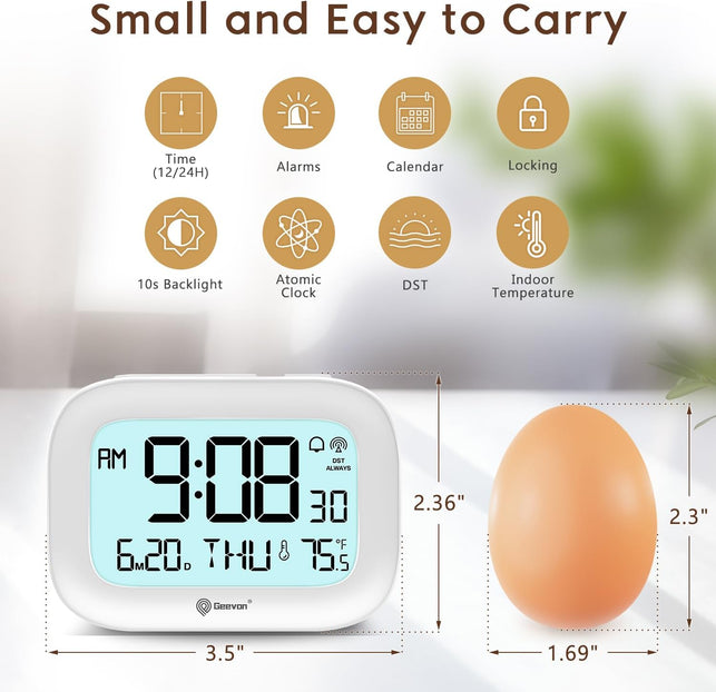 Geevon Small Digital Atomic Alarm Clock for Bedroom, Portable Battery Operated Travel Desk Clock for Heavy Sleepers, with 10S Backlight, Temperature, 3 Inch Display, White
