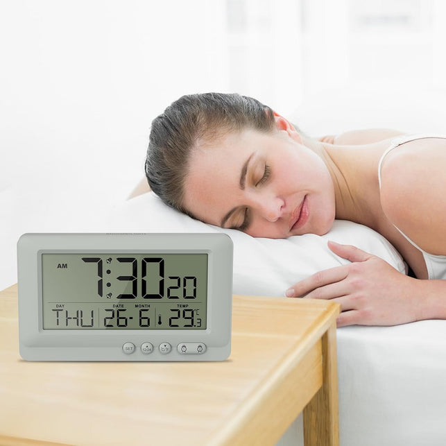 Travel Alarm Clock Battery Operated Digital Alarm Clock for Bedrooms with 2 Alarms, Calender 12/24H 5-Minute Snooze 5-Second Backlight Low Battery Alert -Grey
