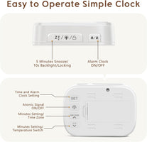 Geevon Small Digital Atomic Alarm Clock for Bedroom, Portable Battery Operated Travel Desk Clock for Heavy Sleepers, with 10S Backlight, Temperature, 3 Inch Display, White