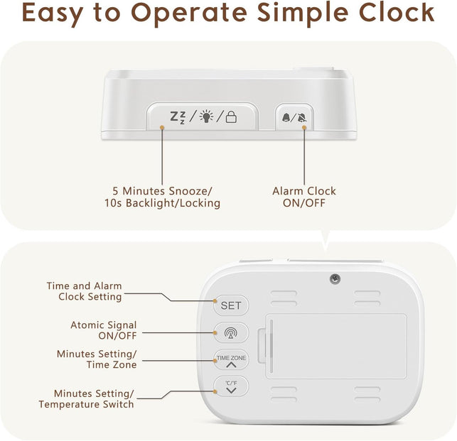 Geevon Small Digital Atomic Alarm Clock for Bedroom, Portable Battery Operated Travel Desk Clock for Heavy Sleepers, with 10S Backlight, Temperature, 3 Inch Display, White