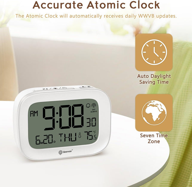 Geevon Small Digital Atomic Alarm Clock for Bedroom, Portable Battery Operated Travel Desk Clock for Heavy Sleepers, with 10S Backlight, Temperature, 3 Inch Display, White