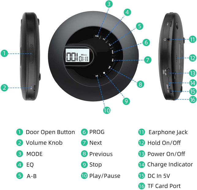 CD Player Portable, Rechargeable Portable CD Player for Car and Travel, Small CD Player with Headphone and Anti-Skip/Shockproof, Personal CD Player with LCD Display, AUX Cable, Backlight