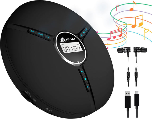 KLIM Discman Portable CD Player with Headphones, Built-In Battery - New - CD Players for Home, Car - Compatible W/Sd Card, CD, CD-R, CD-RW, MP3, WMA - 5 EQ Effects - Walkman CD Player - Black