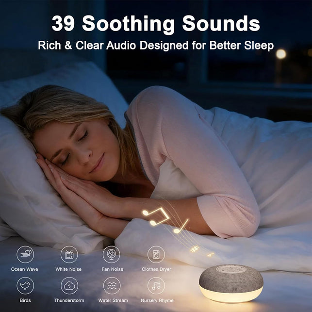 White Noise Machine with Bluetooth, White Sound Machine, Portable Sound Machine with 39 Soothing Sounds, Warm Night Light, Speaker, 3 Timer Settings for Deep Sleeping and Relaxing